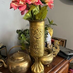 Gold Floral Vase with Pink Flowers